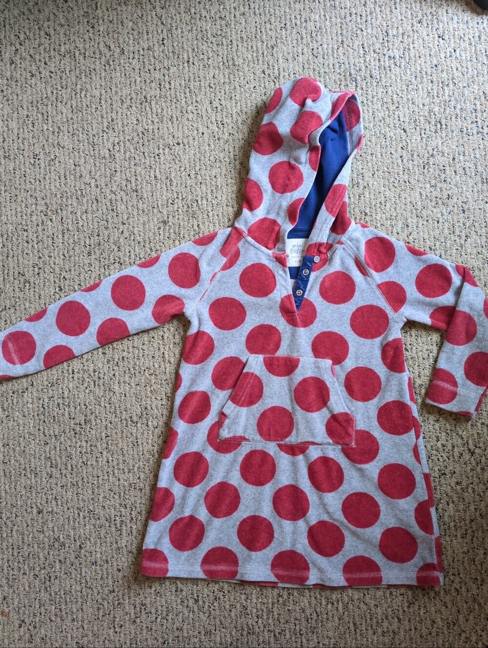 Mini Boden Velvet Polkadot Dress Pullover Sz 4-5 Y Red Gray Hooded Front Pocket